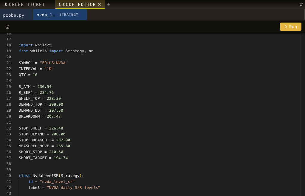 Strategy file in the code editor: NVDA levels, stops and targets in Python