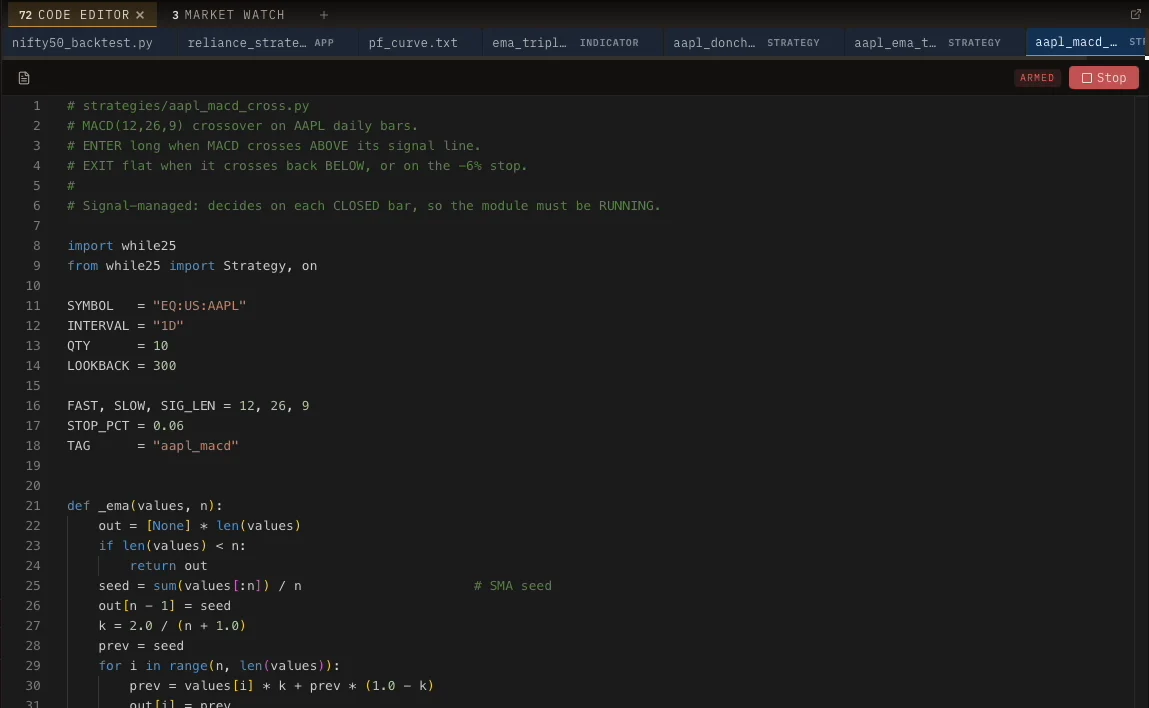 A running strategy in the editor with its Stop button